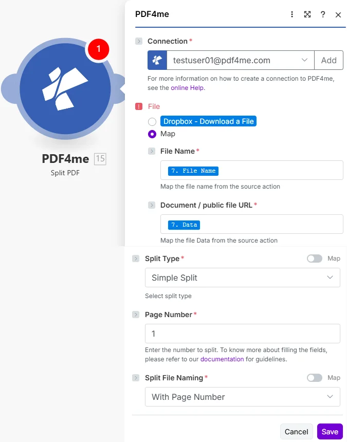 Configurez le module PDF4me Split PDF pour afficher les informations suivantes : Connexion, Nom du fichier, URL du document/fichier public, Type de fractionnement : Fractionnement simple, Numéro de page : 1, Nommage du fichier fractionné : Avec numéro de page